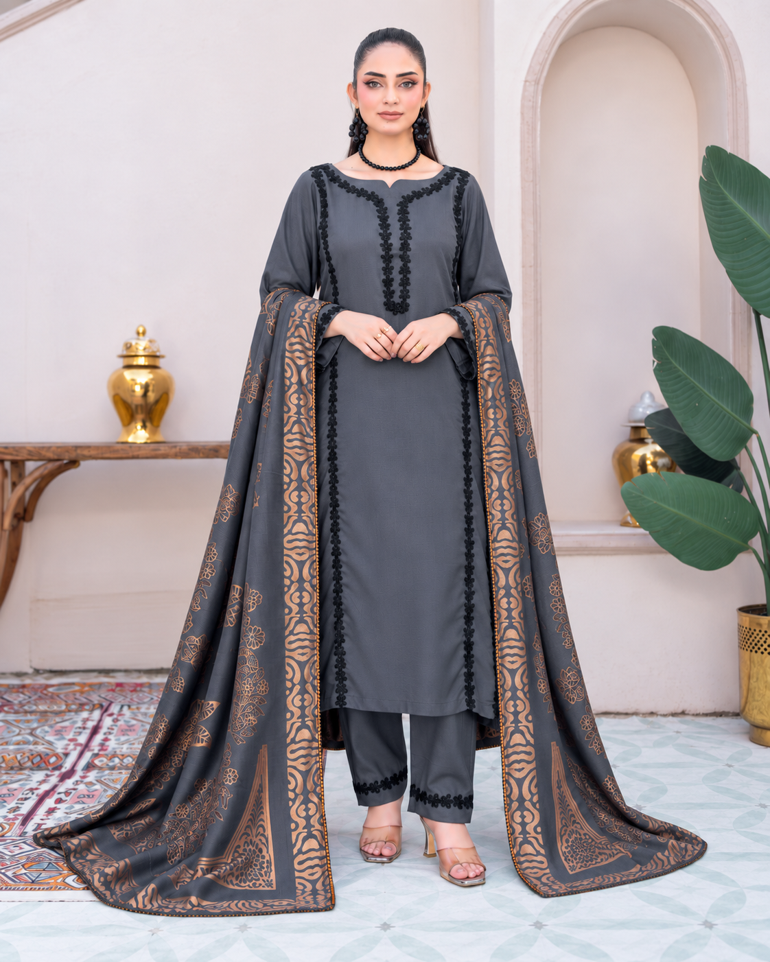 Riaz Arts Deedar Wool Touch Peach Suit with Banarsi Jacquard Wool Shawl