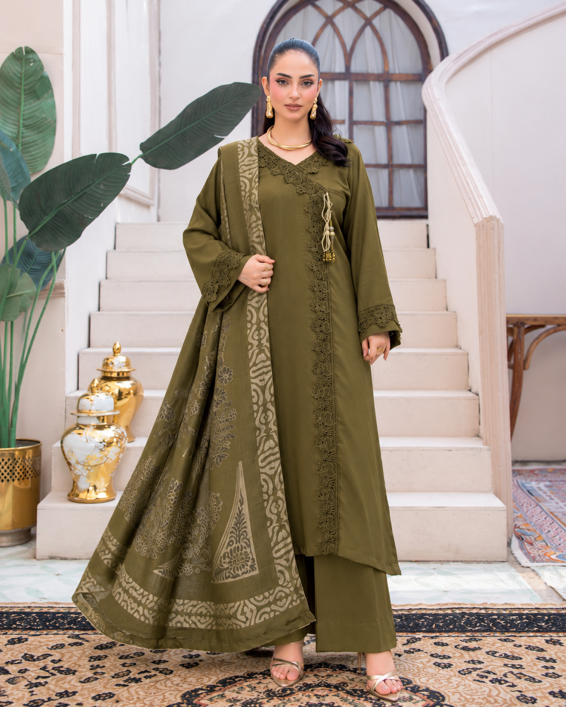 Riaz Arts Deedar Wool Touch Peach Suit with Banarsi Jacquard Wool Shawl