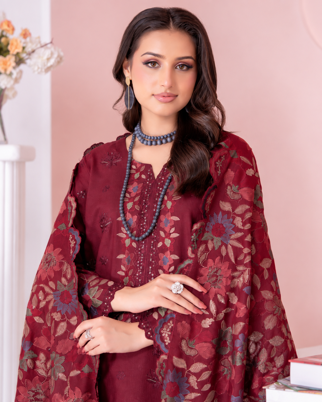Riaz Arts Kamyar Luxury Winter Embroidered Wool Touch Peach Suit