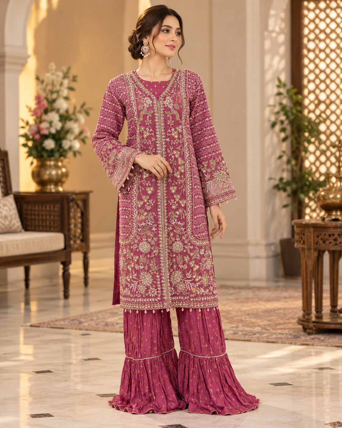 Allys Magenta Organza Open Shirt with Flared Gharara