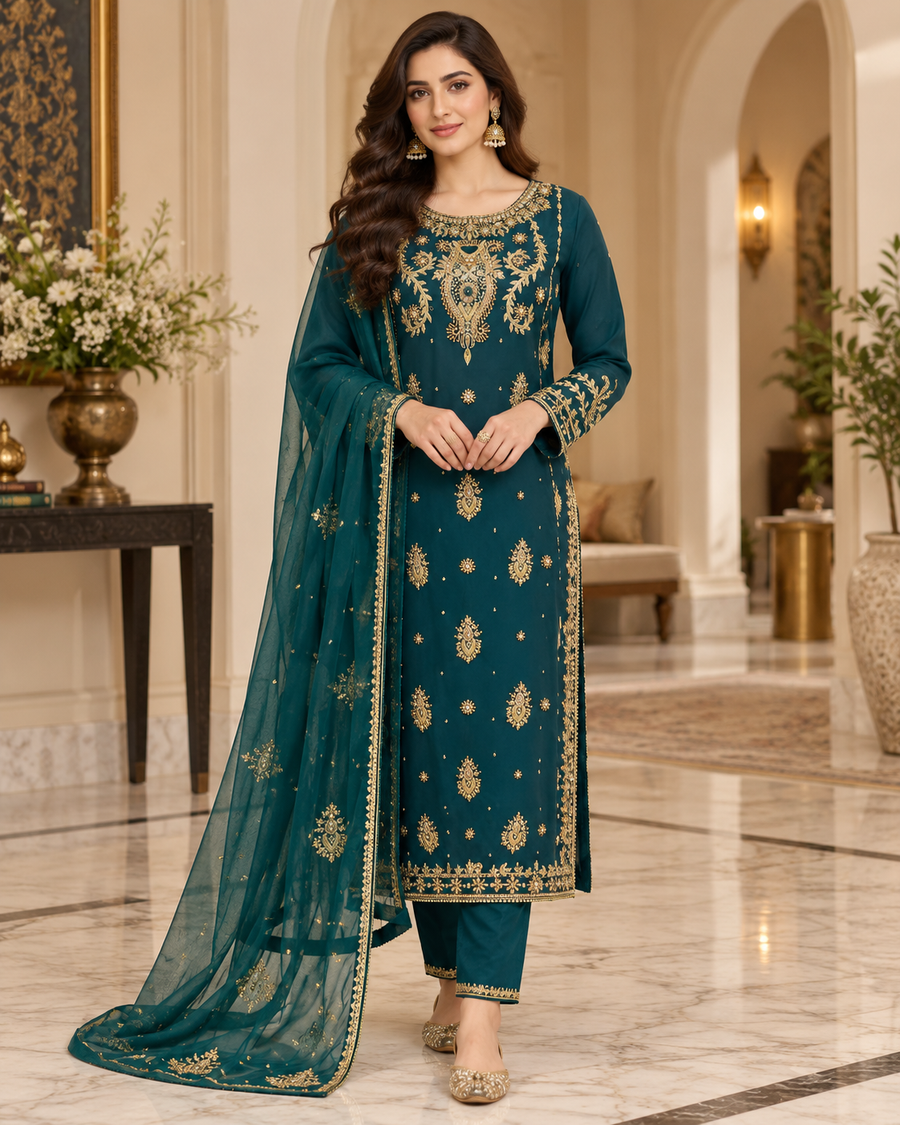 Emerald Teal Handmade Embellished 3-Piece Formal Suit – Ready to Wear