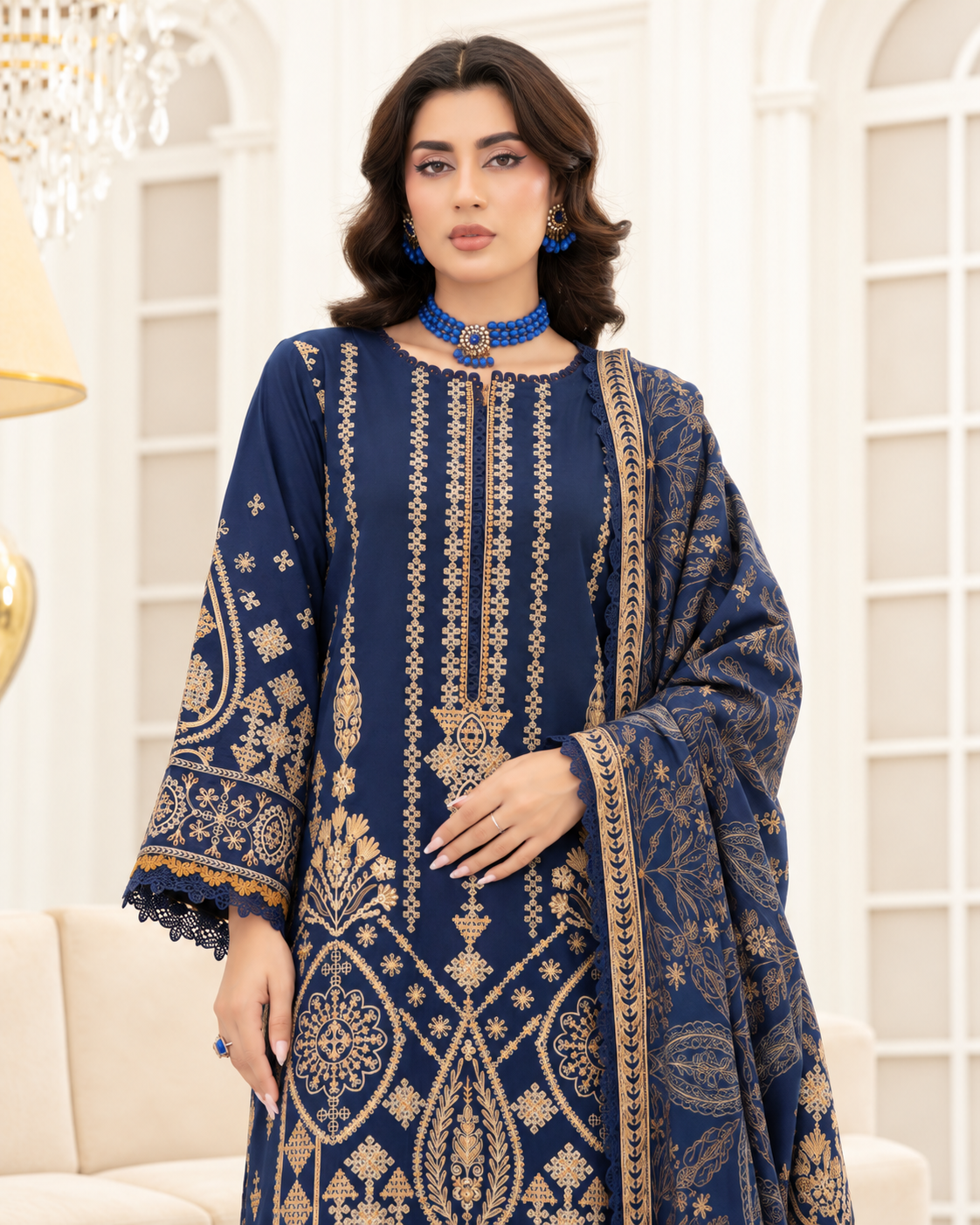 Mahveen by Johra Luxury Winter Embroidered Peach Leather Suit with Wool Shawl
