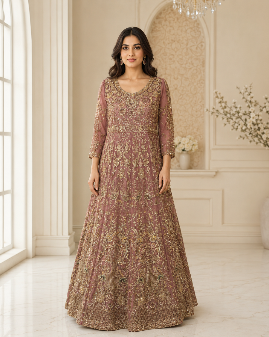Dusty Mauve Handmade Cora Dabka Maxi Dress for Wedding – Ready to Wear