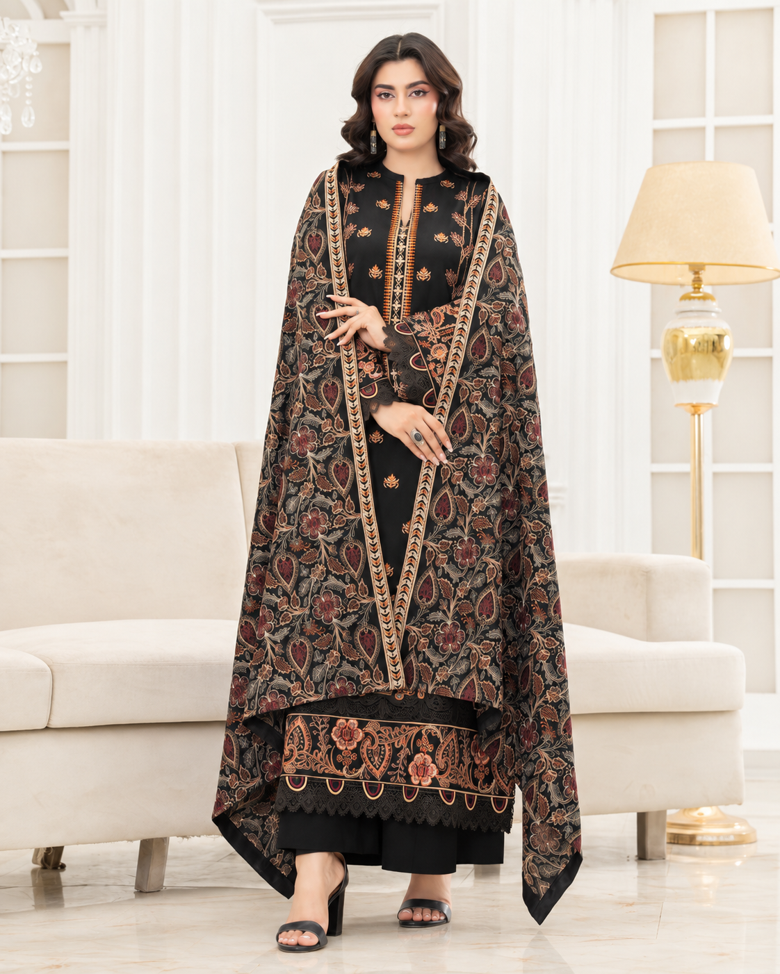 Mahveen by Johra Luxury Winter Embroidered Peach Leather Suit with Wool Shawl