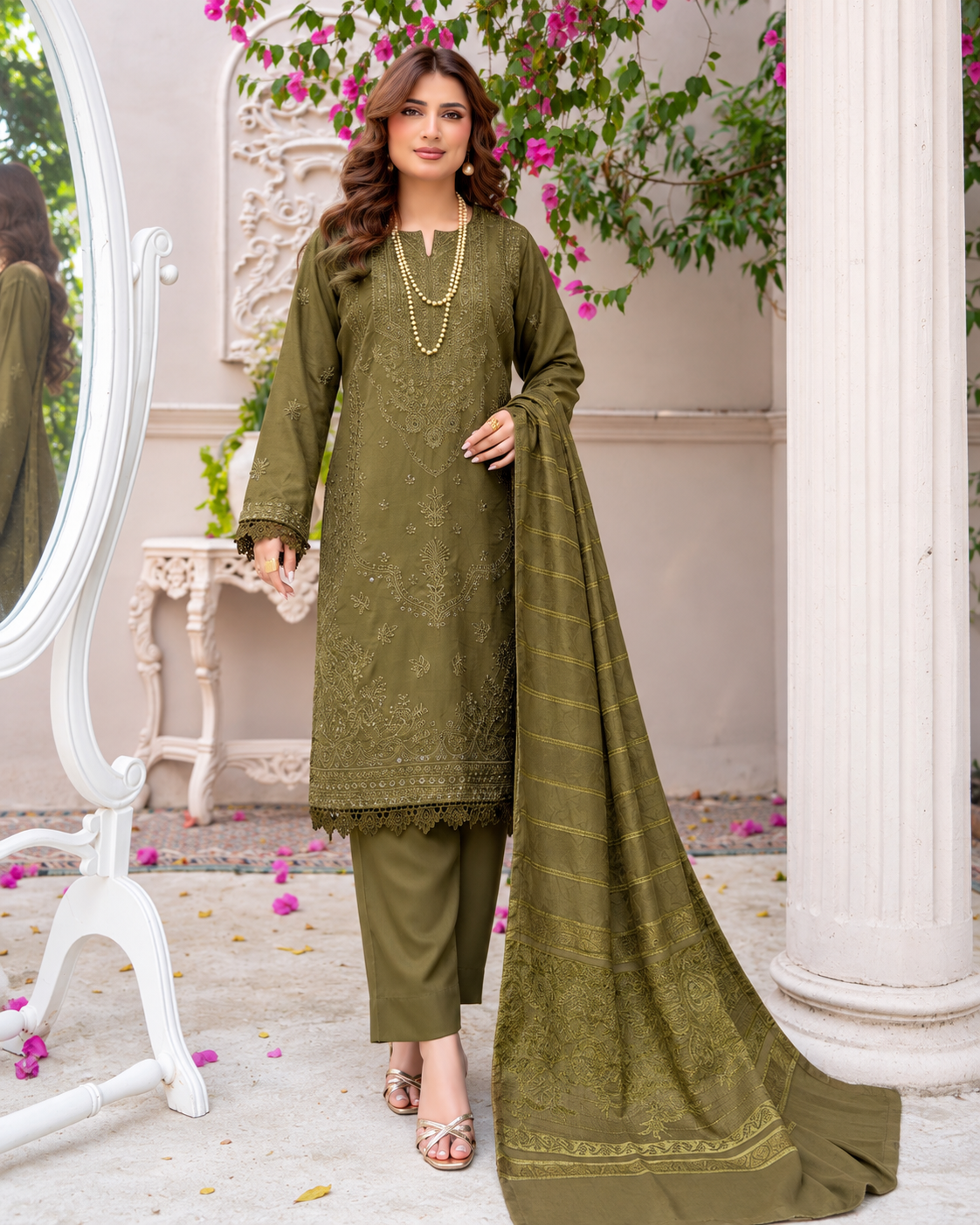 Riaz Arts Musfirah Luxury Winter Embroidered Wool Touch Peach Suit