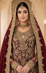 Heritage Maroon Chiffon Bridal Farshi Lehenga with Handmade Kora Dabka Work