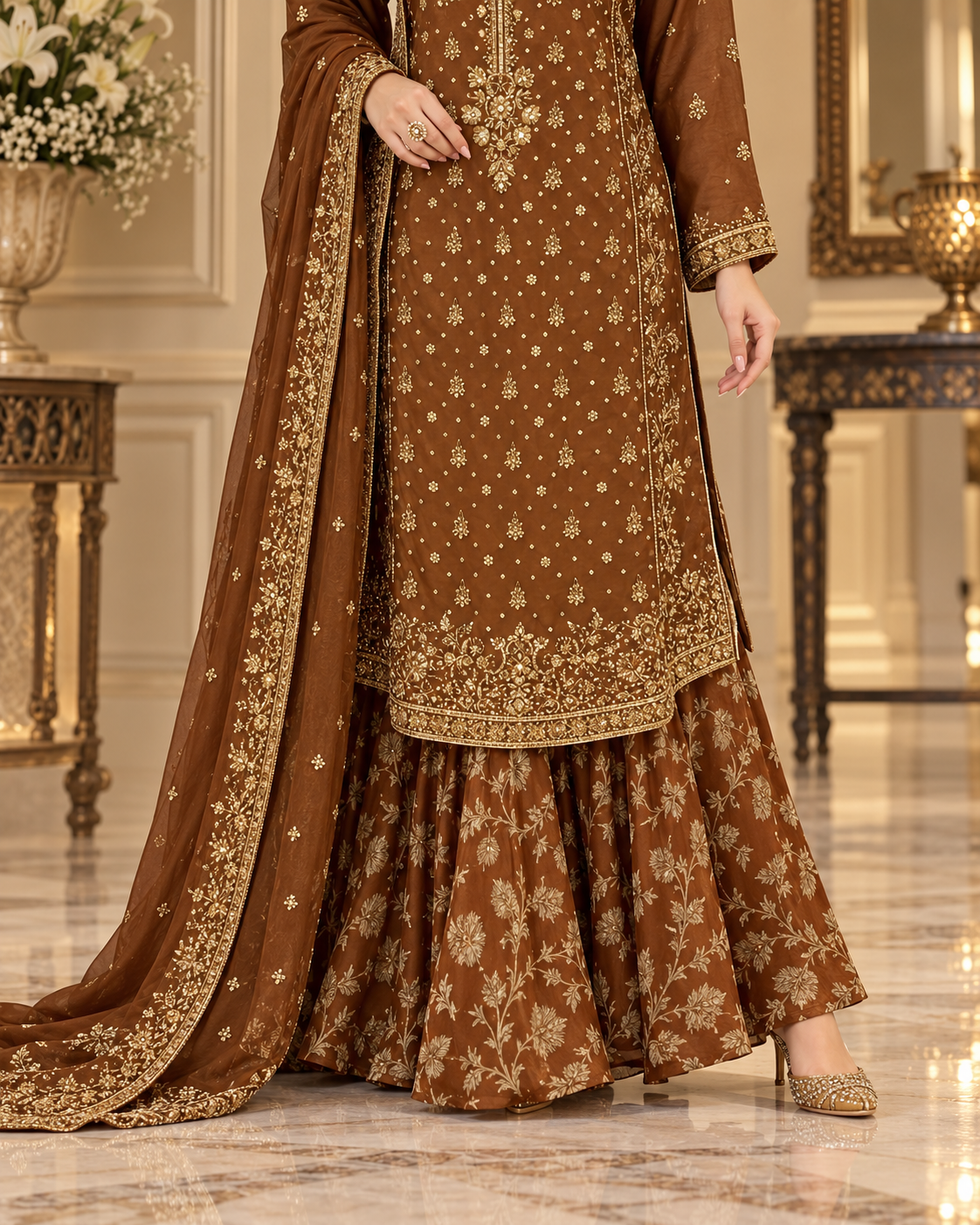 Mocha Brown Handworked 3-Piece Ready to Wear Formal Suit