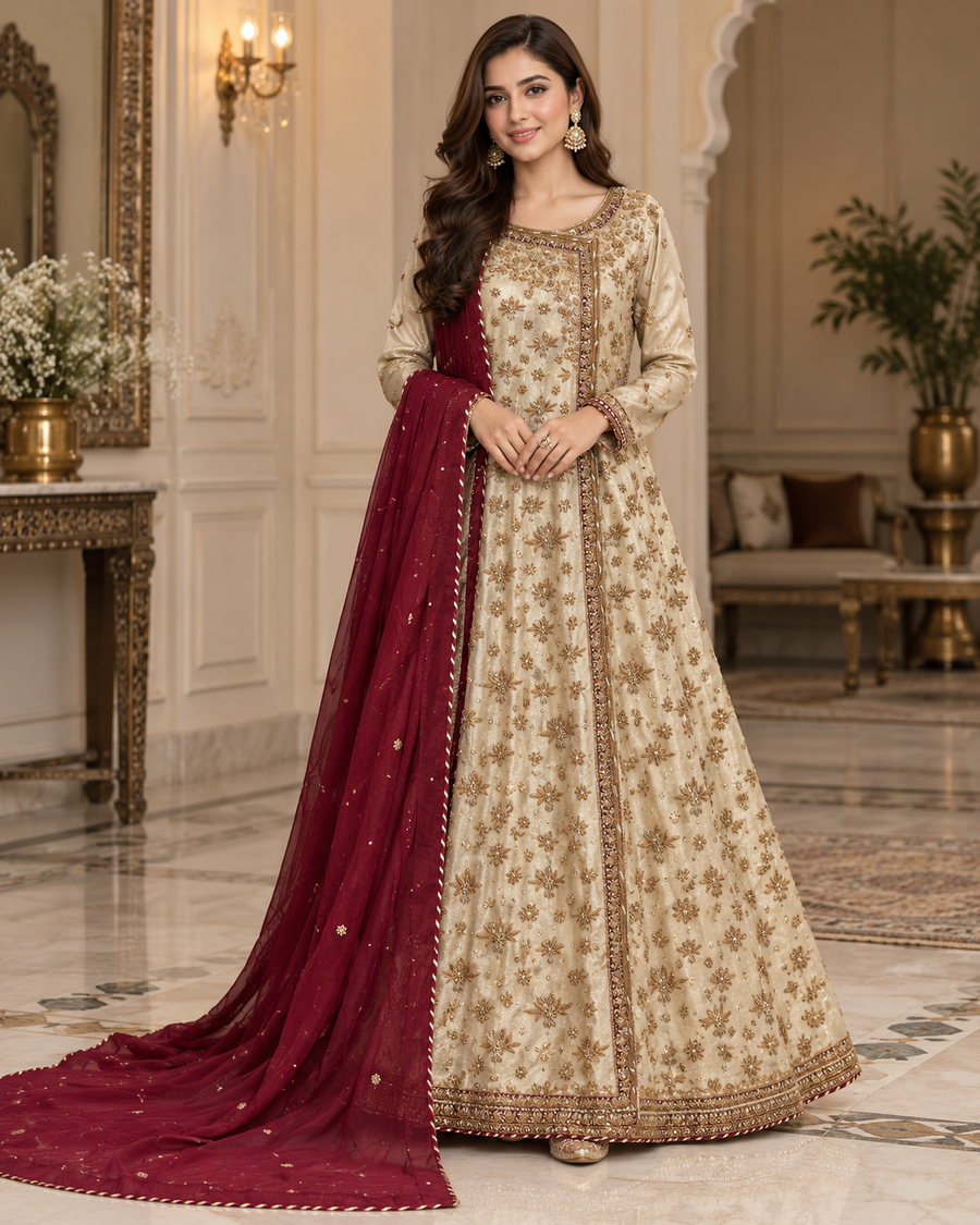 Ivory Gold Handworked Long Frock with Maroon Dupatta – Ready to Wear