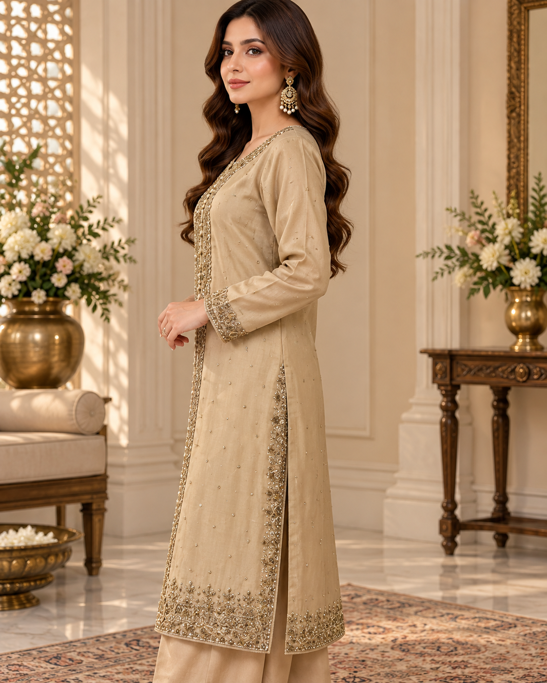 Champagne Beige Handmade Formal Dress with Maroon Dupatta – Ready to Wear