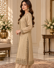 Champagne Beige Handmade Formal Dress with Maroon Dupatta – Ready to Wear