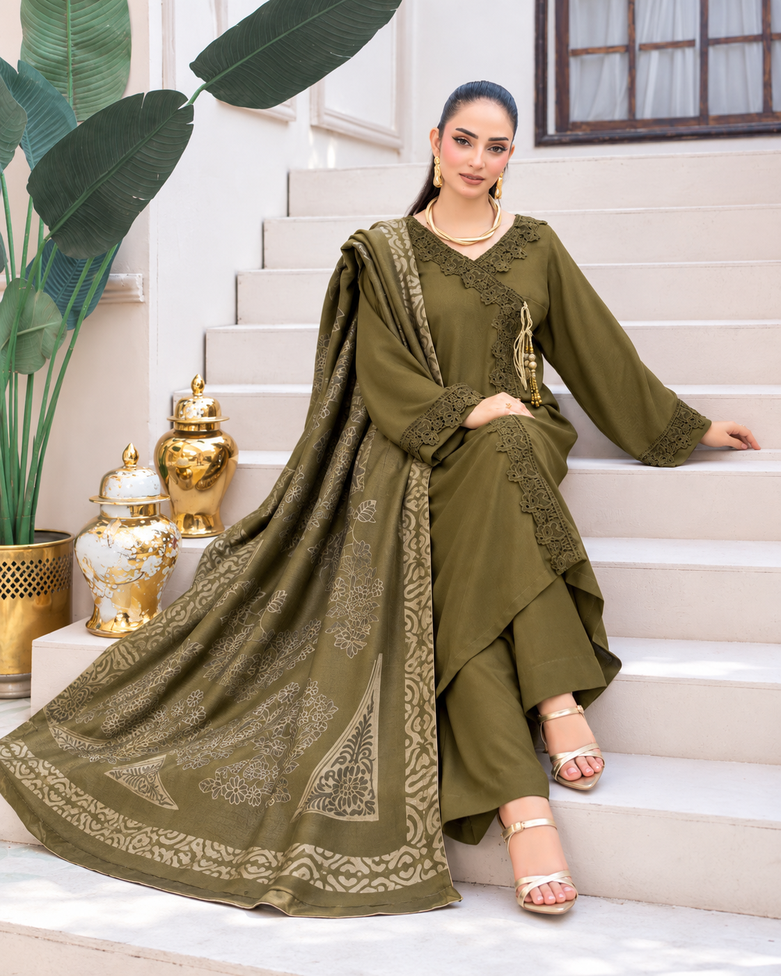 Riaz Arts Deedar Wool Touch Peach Suit with Banarsi Jacquard Wool Shawl