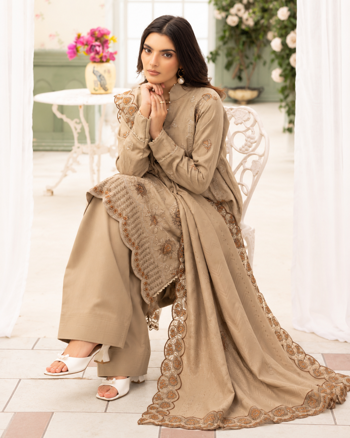 Shaista Festive Sami Peach Embroidered 3 Piece Suit with Full Embroidered Dupatta
