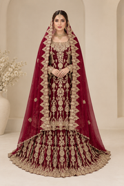 Luxury Maroon Chiffon Bridal Lehenga with Handmade Kora Dabka Work