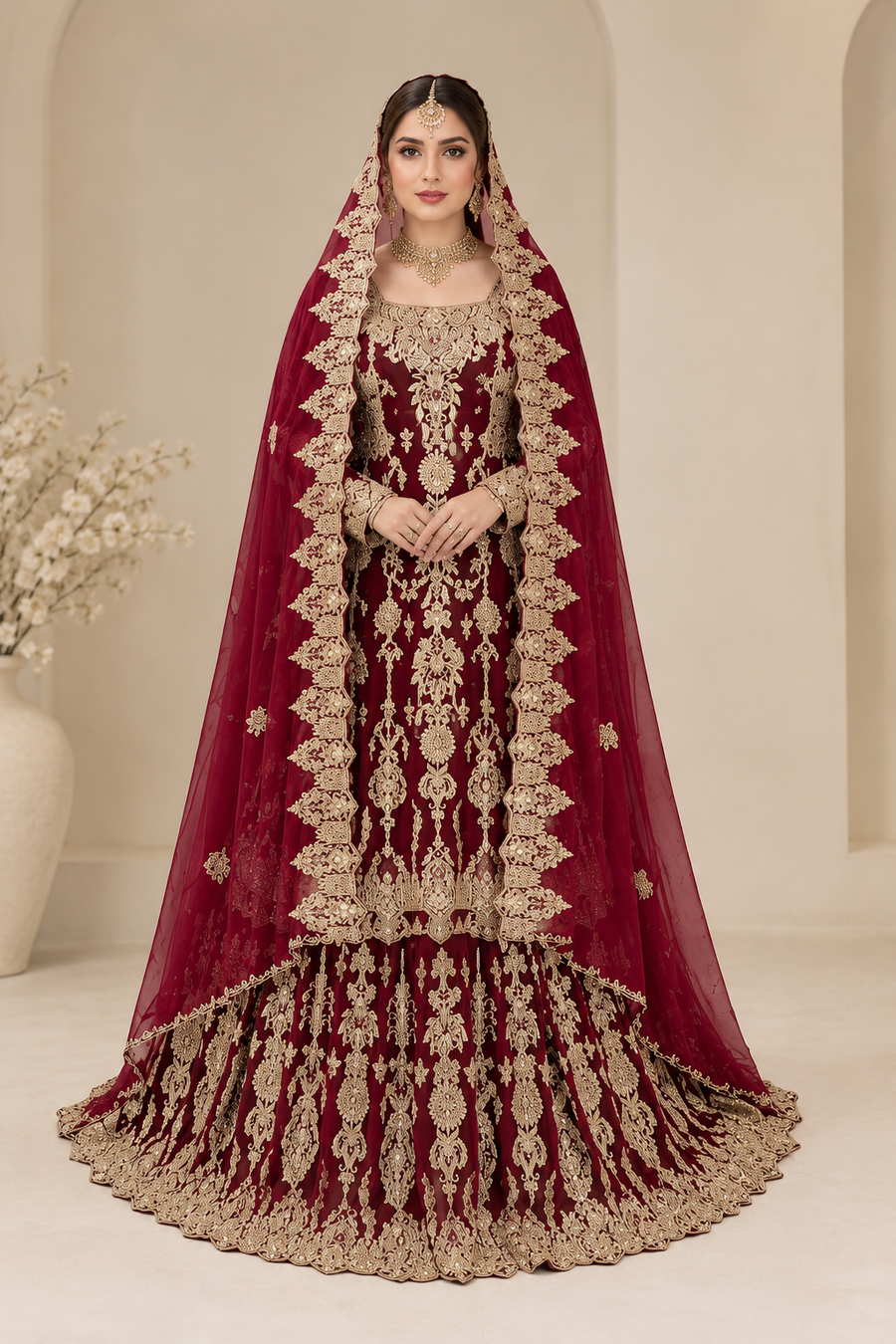 Luxury Maroon Chiffon Bridal Lehenga with Handmade Kora Dabka Work