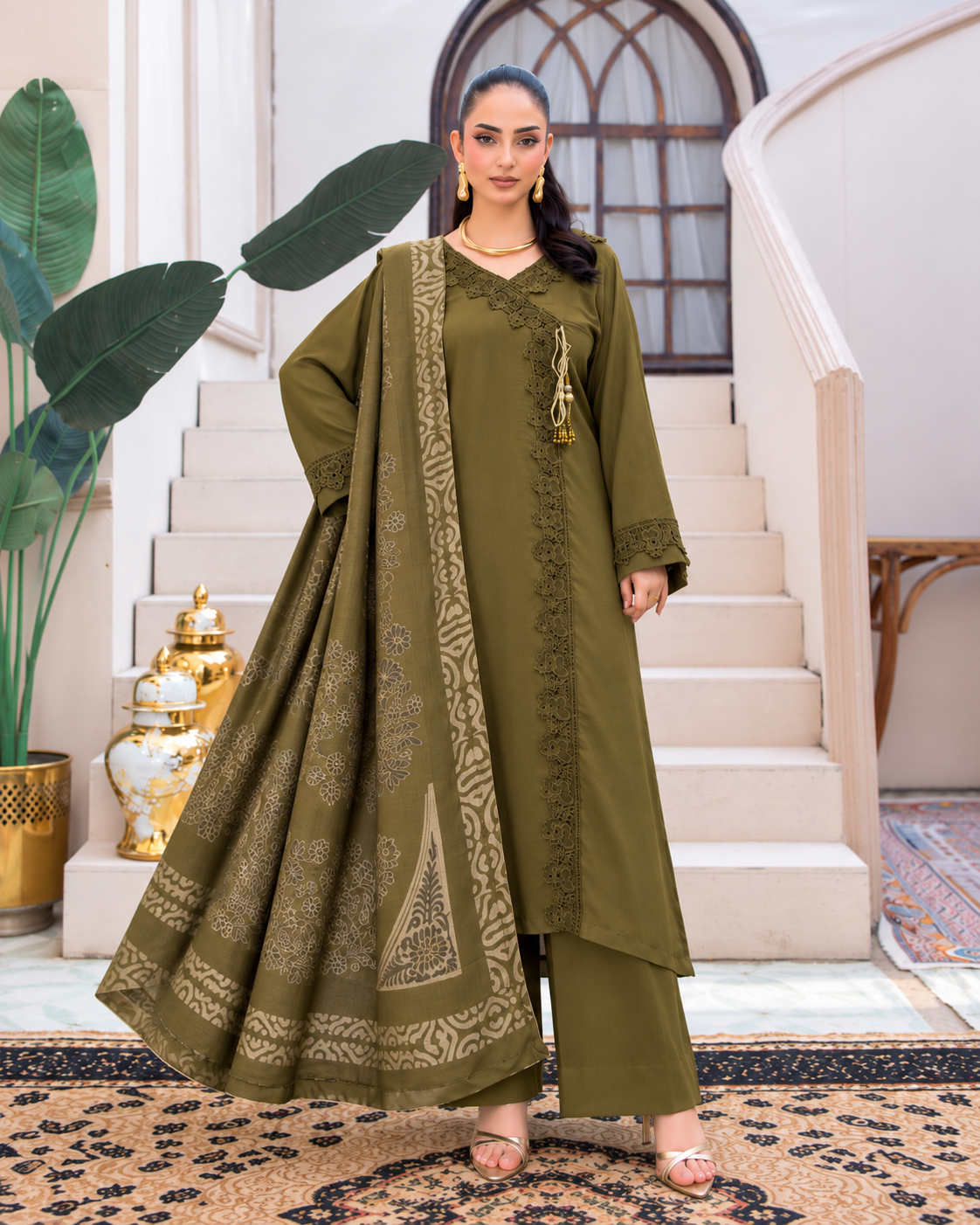 Riaz Arts Deedar Wool Touch Peach Suit with Banarsi Jacquard Wool Shawl