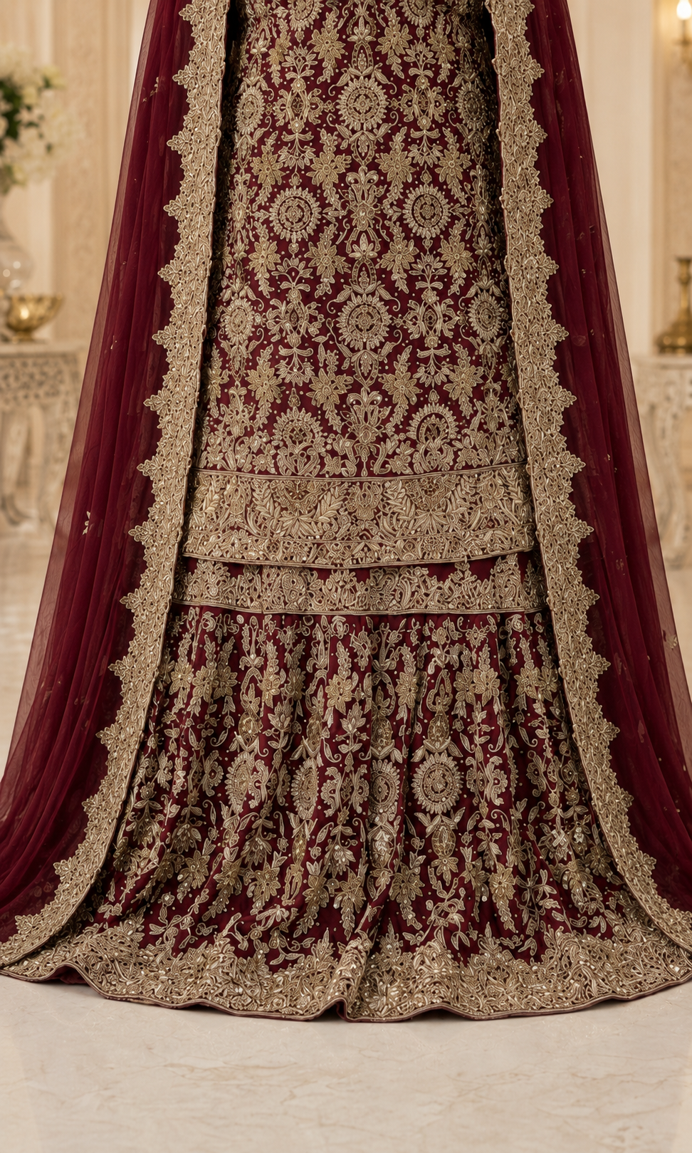 Heritage Maroon Chiffon Bridal Farshi Lehenga with Handmade Kora Dabka Work