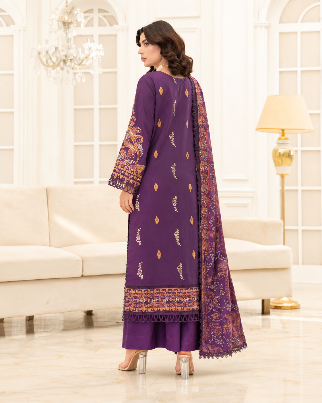 Mahveen by Johra Luxury Winter Embroidered Peach Leather Suit with Wool Shawl