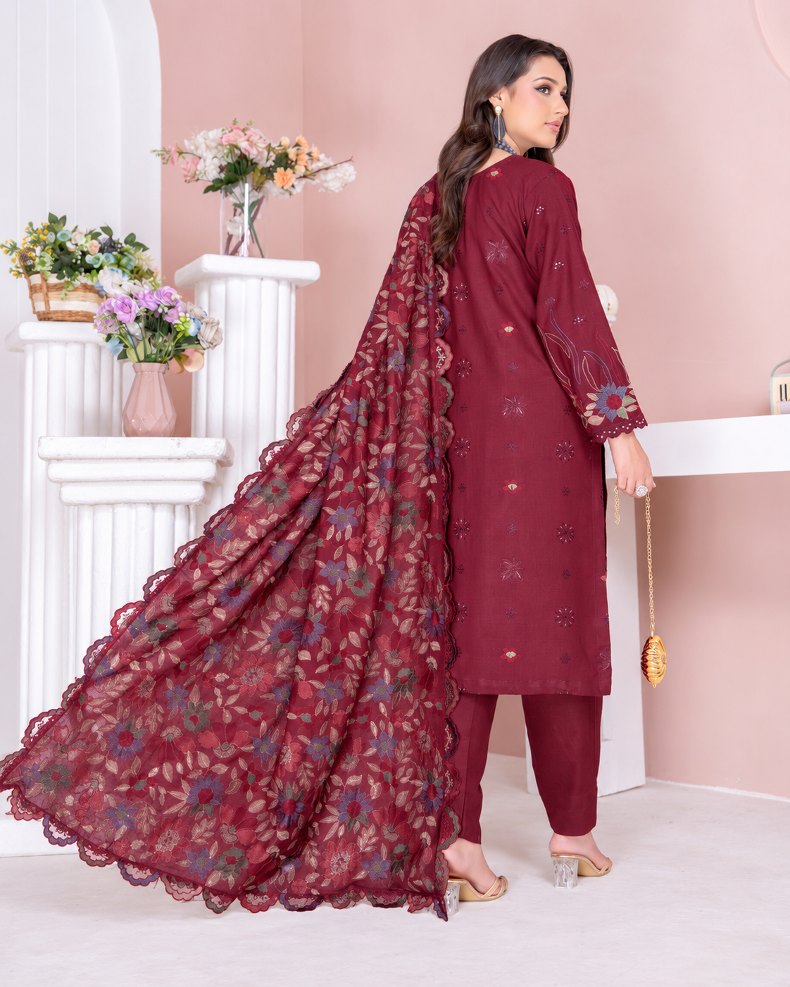 Riaz Arts Kamyar Luxury Winter Embroidered Wool Touch Peach Suit