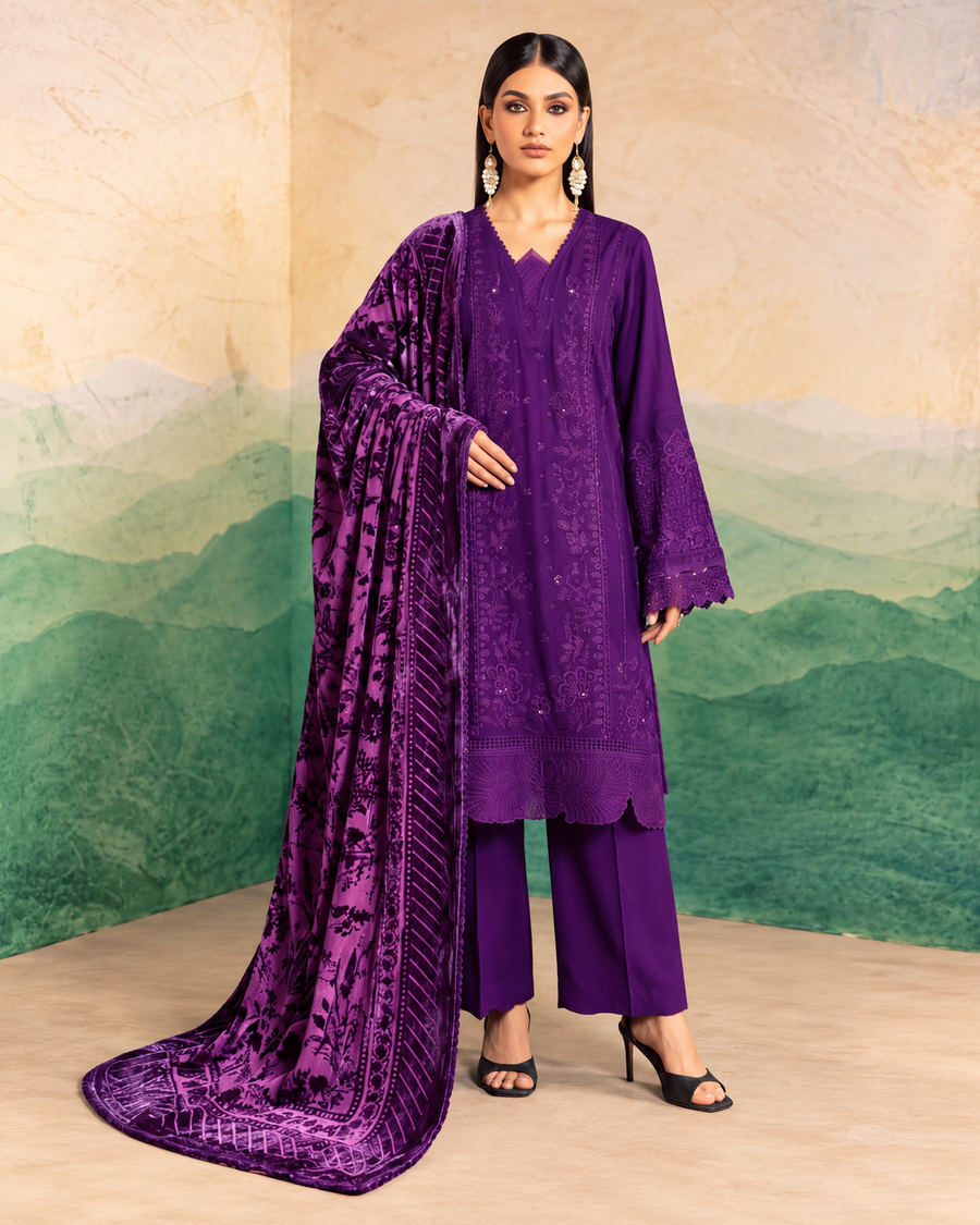 Riaz Arts Exclusive by Daria Embroidered Leather Peach Suit with Velvet Palachi Shawl