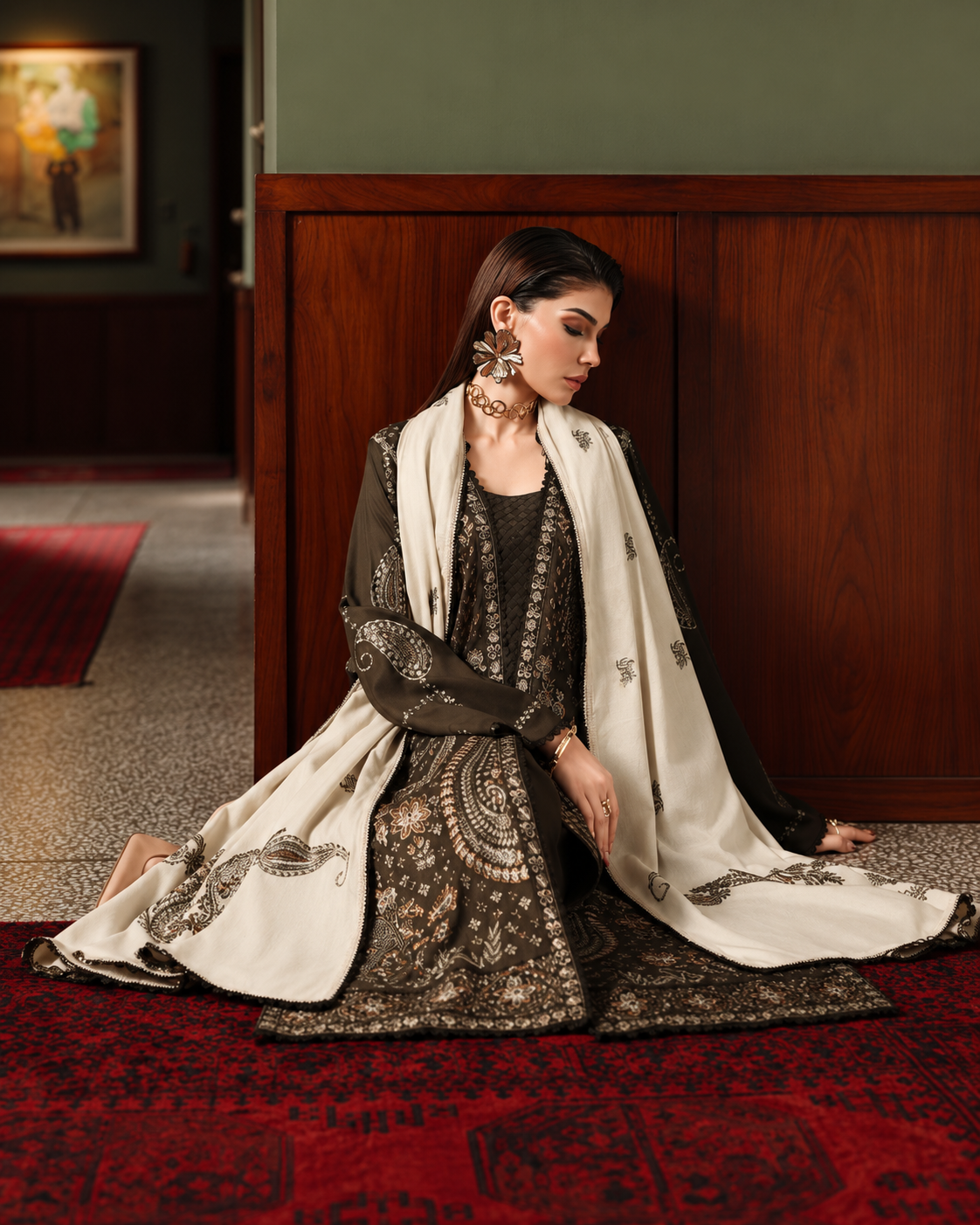 Riaz Arts Exclusive by Nurèh Embroidered Marina Suit with Embroidered Wool Shawl