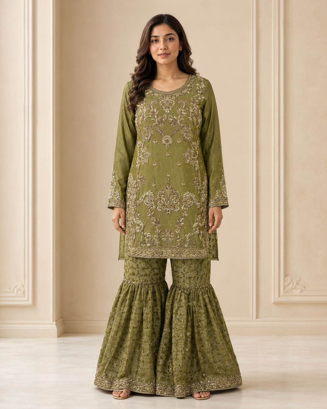 Olive Green Handmade Mehndi Dress Gharara Set