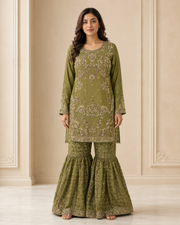 Olive Green Handmade Mehndi Dress Gharara Set