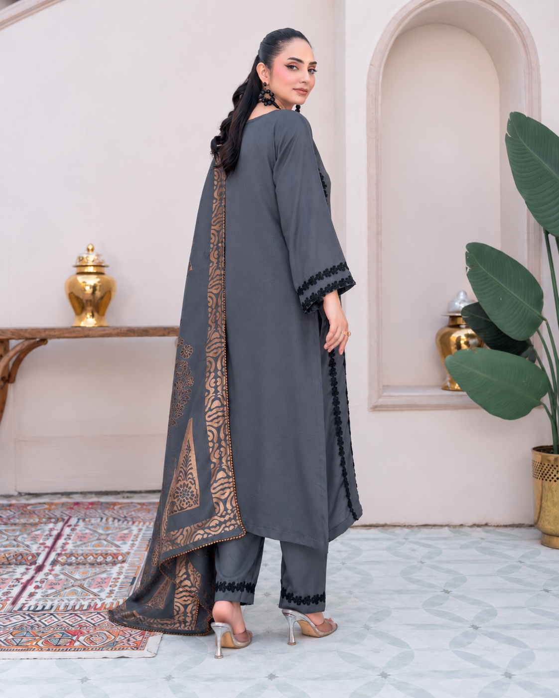 Riaz Arts Deedar Wool Touch Peach Suit with Banarsi Jacquard Wool Shawl