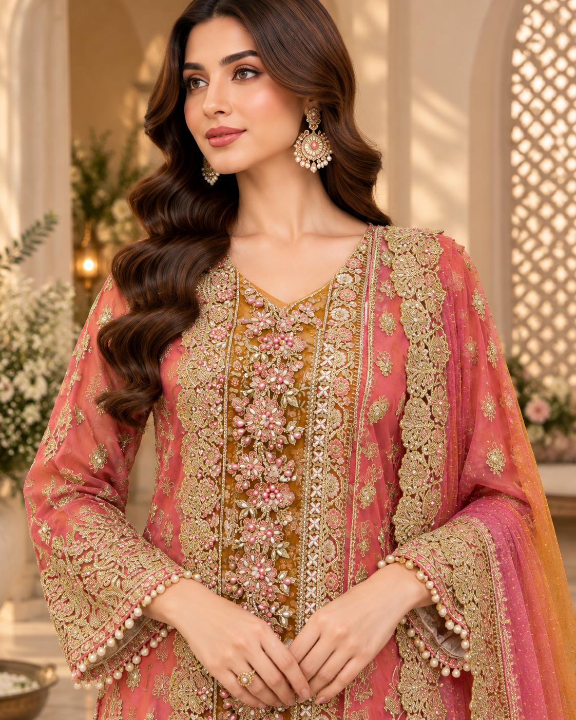 Allys Coral Pink Organza Open Shirt with Mustard Gharara