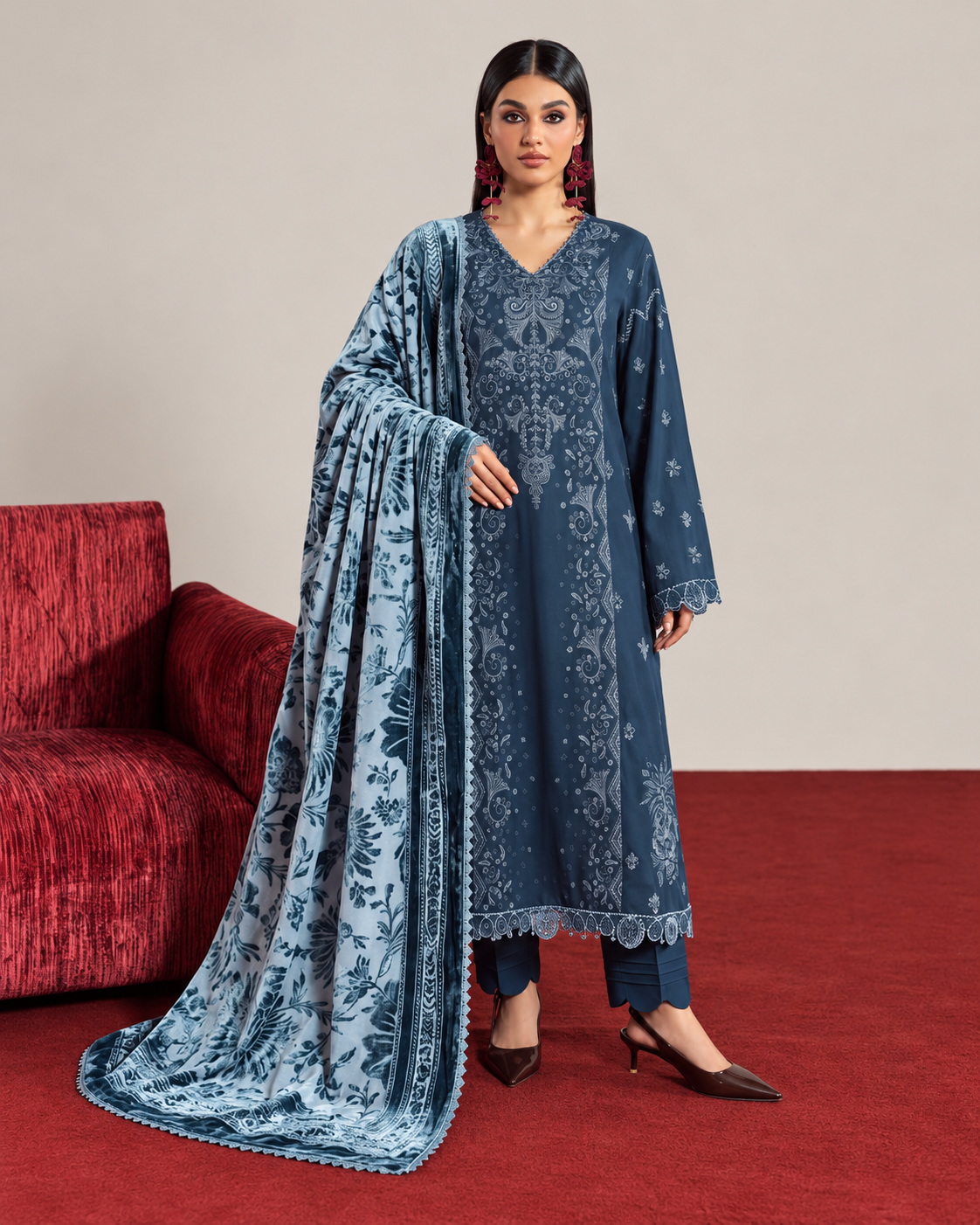 Riaz Arts Exclusive by Daria Embroidered Leather Peach Suit with Velvet Palachi Shawl