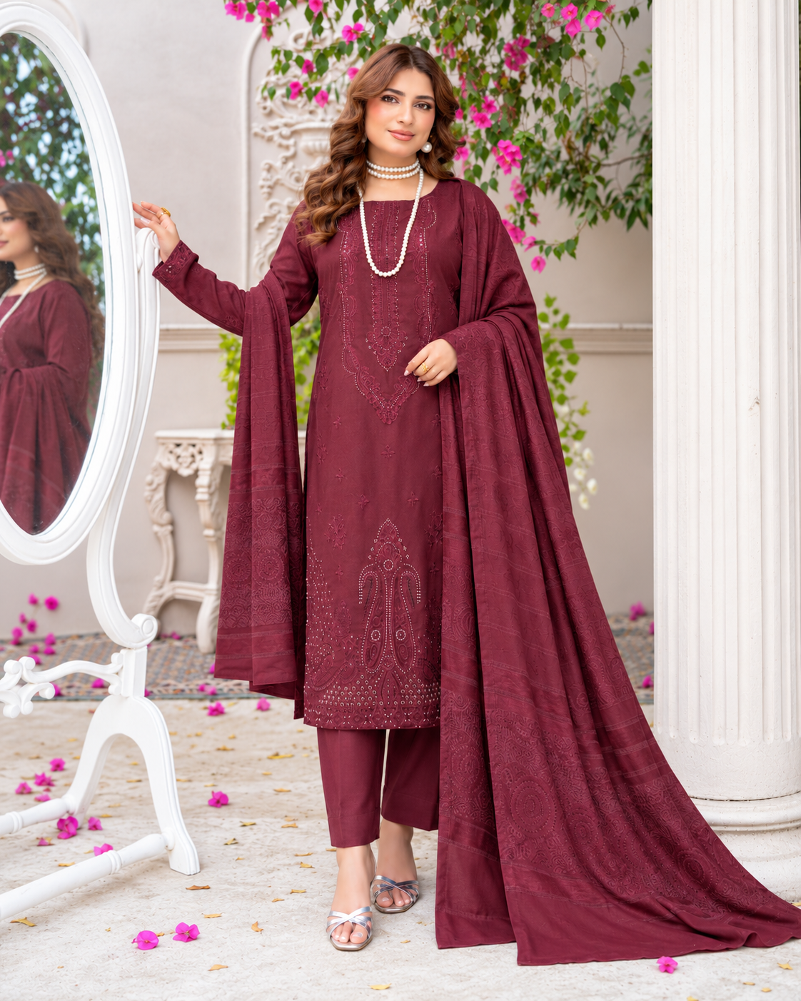 Riaz Arts Musfirah Luxury Winter Embroidered Wool Touch Peach Suit