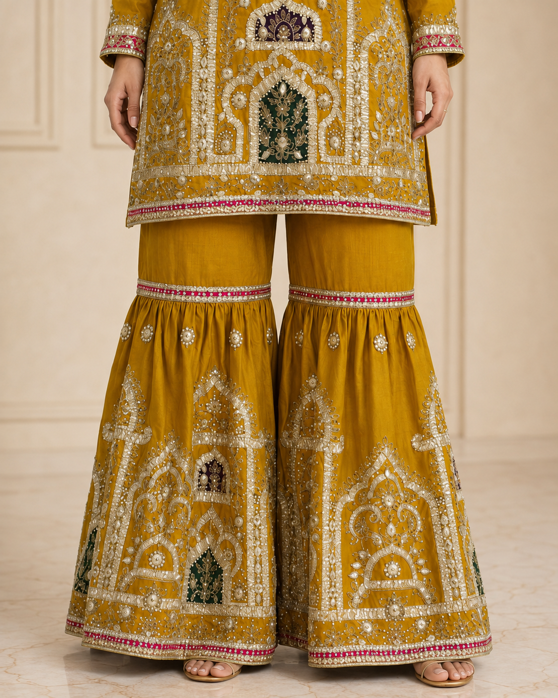 Mustard Handmade Mehndi Dress Gharara Set