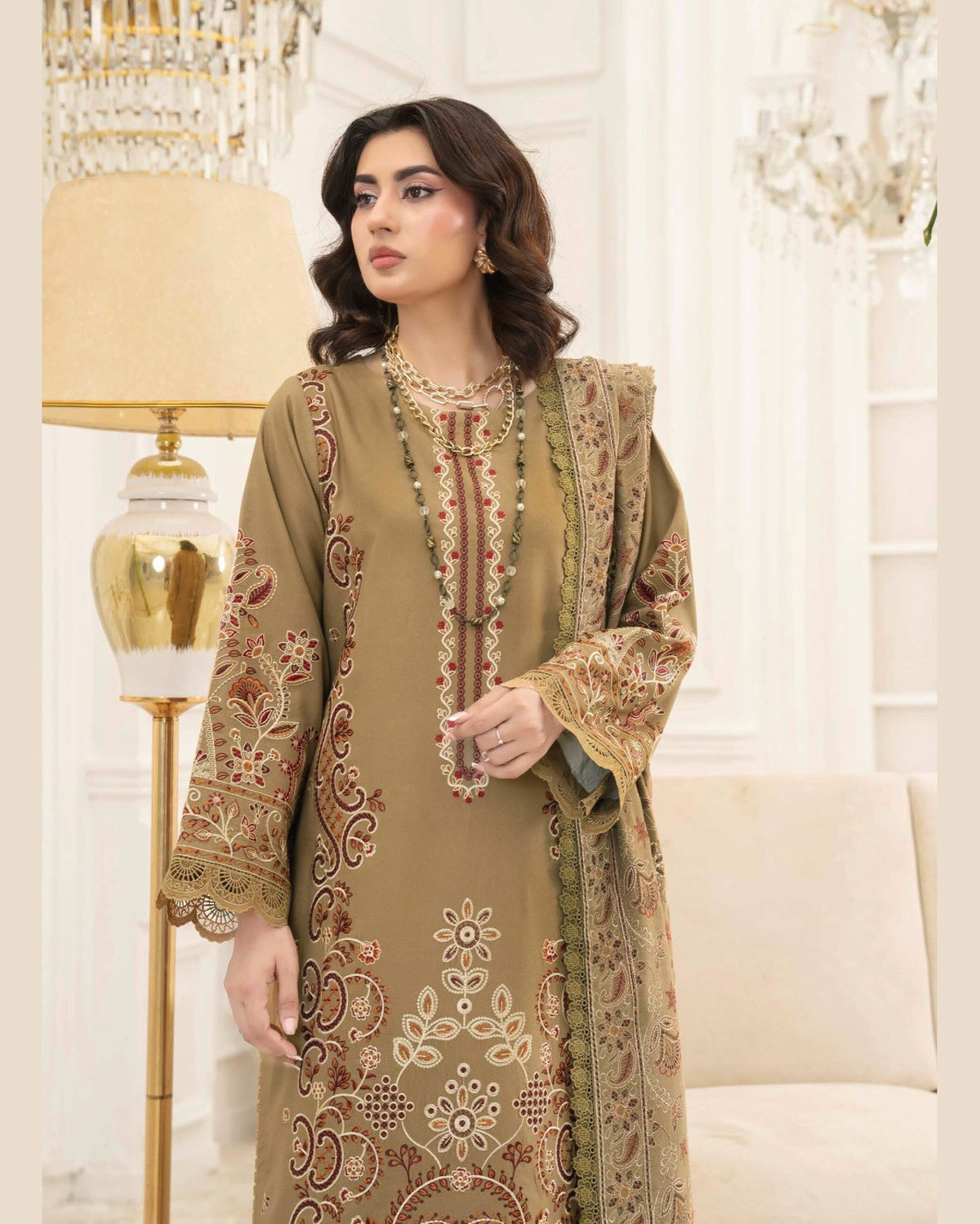 Mahveen by Johra Luxury Winter Embroidered Peach Leather Suit with Wool Shawl