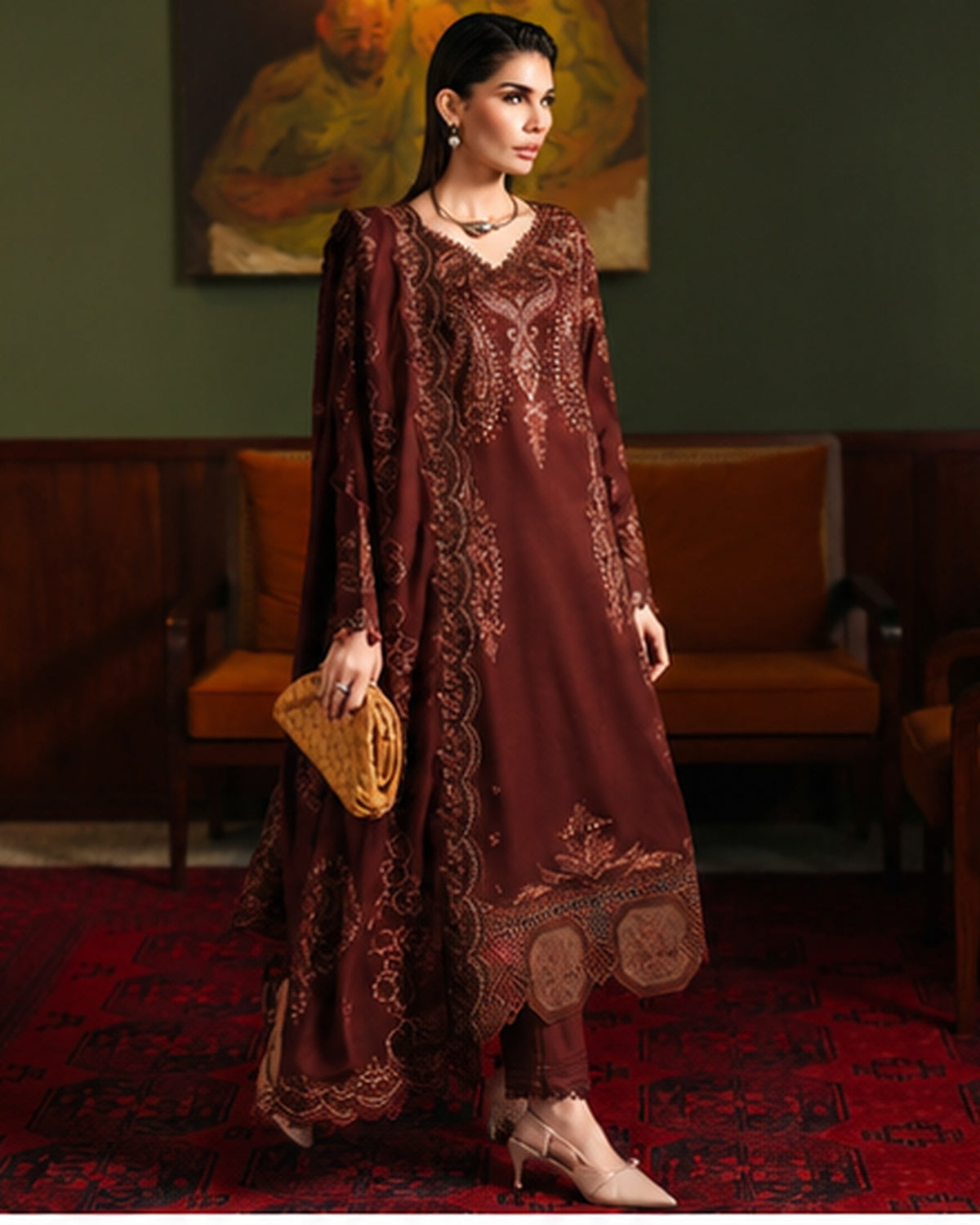 Riaz Arts Exclusive by Nurèh Embroidered Marina Suit with Embroidered Wool Shawl