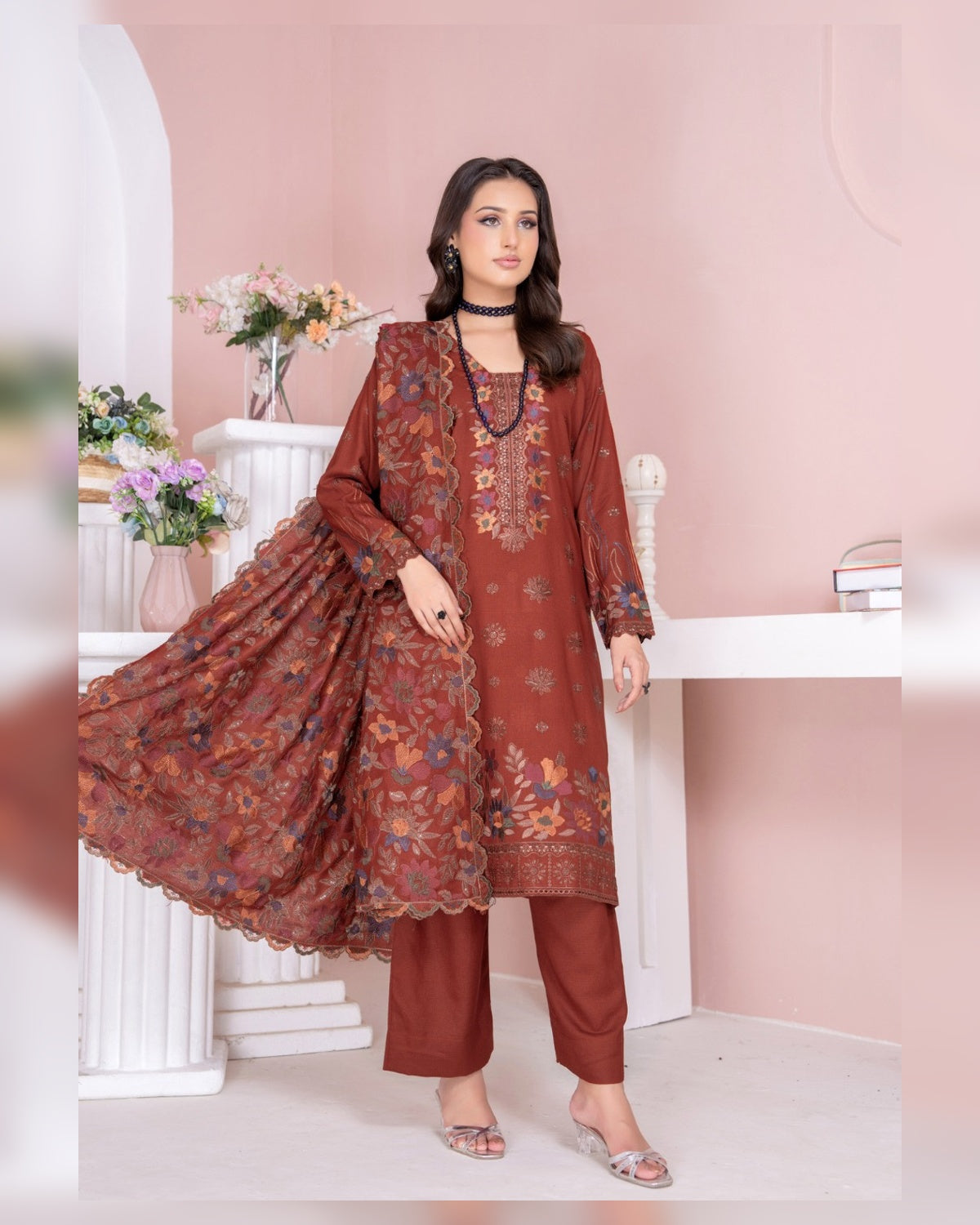 Riaz Arts Kamyar Luxury Winter Embroidered Wool Touch Peach Suit