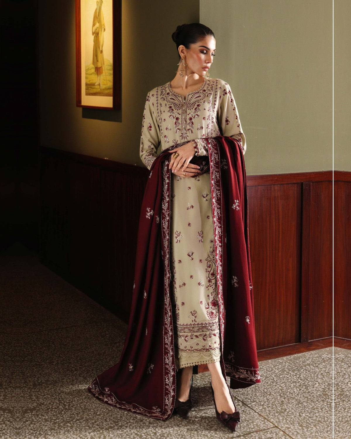 Riaz Arts Exclusive by Nurèh Embroidered Marina Suit with Embroidered Wool Shawl
