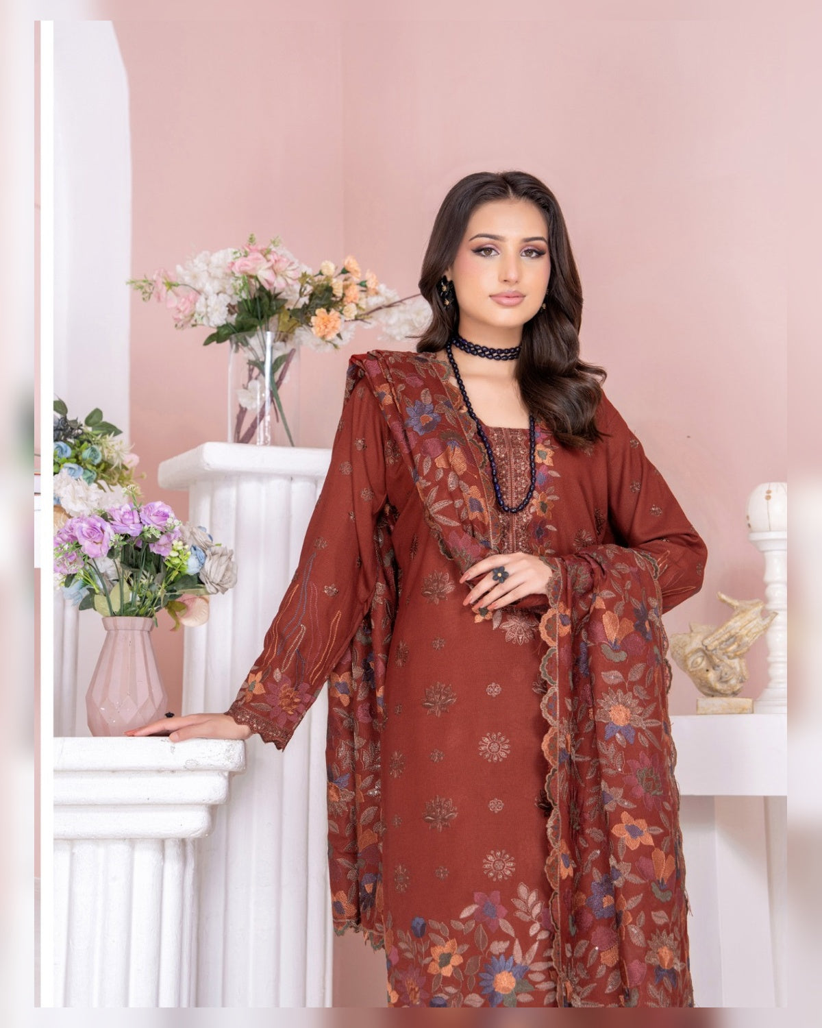 Riaz Arts Kamyar Luxury Winter Embroidered Wool Touch Peach Suit