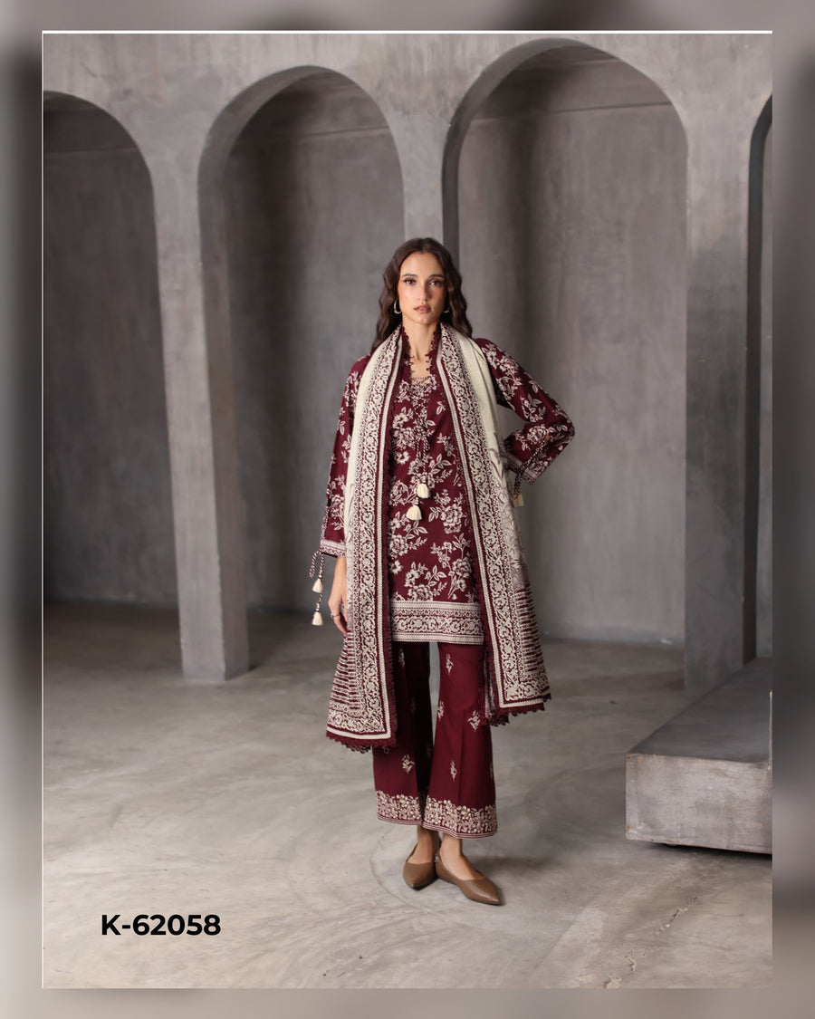 Gul Ahmed Printed Khaddar 3 Piece Suit with Embroidered Trouser