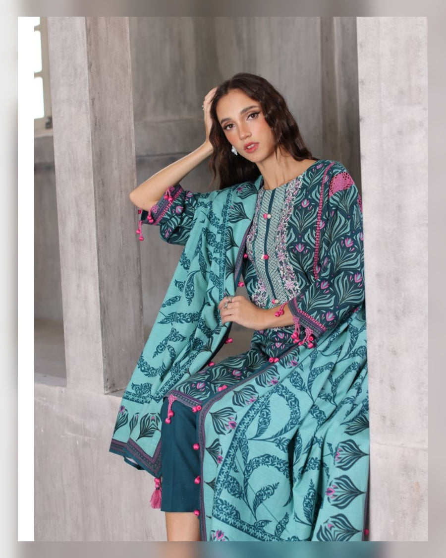 Gul Ahmed Printed Khaddar 3 Piece Suit with Embroidered Organza Neckline