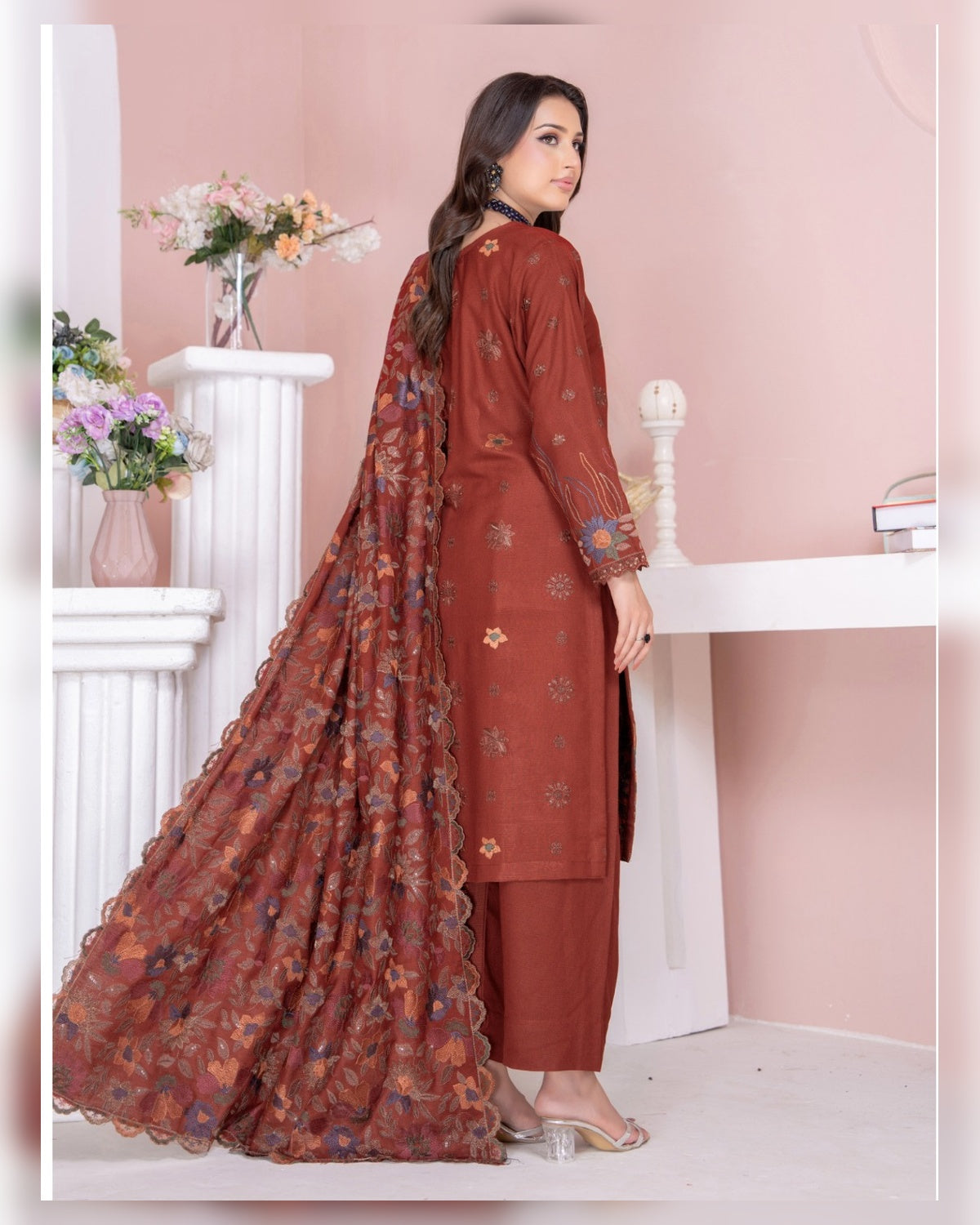 Riaz Arts Kamyar Luxury Winter Embroidered Wool Touch Peach Suit