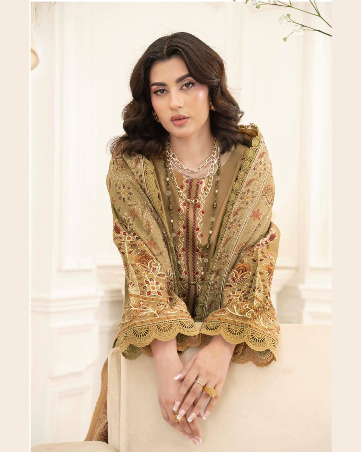 Mahveen by Johra Luxury Winter Embroidered Peach Leather Suit with Wool Shawl