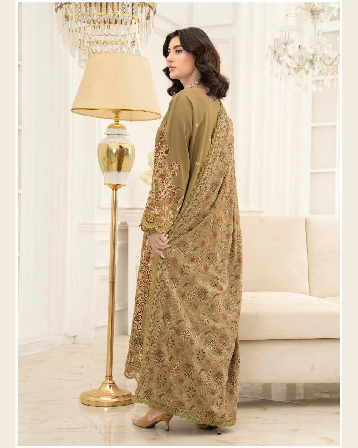 Mahveen by Johra Luxury Winter Embroidered Peach Leather Suit with Wool Shawl