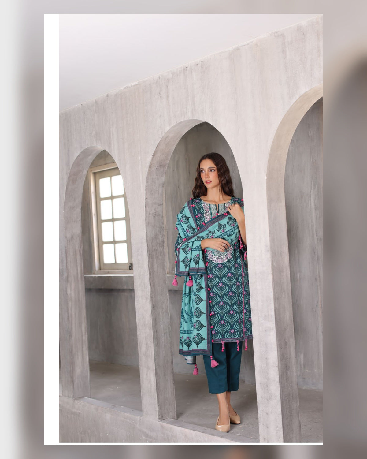 Gul Ahmed Printed Khaddar 3 Piece Suit with Embroidered Organza Neckline