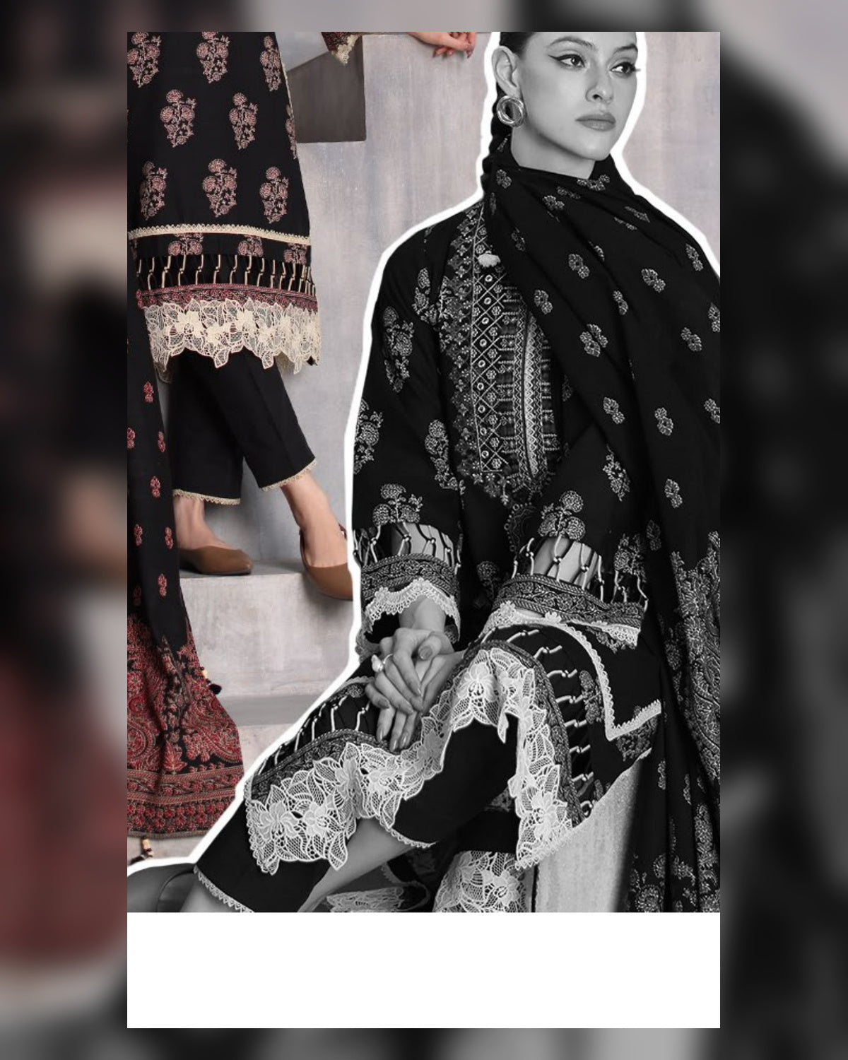 Gul Ahmed Printed Khaddar 3 Piece Suit with Embroidered Organza Neckline