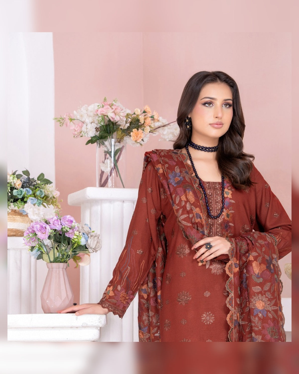 Riaz Arts Kamyar Luxury Winter Embroidered Wool Touch Peach Suit