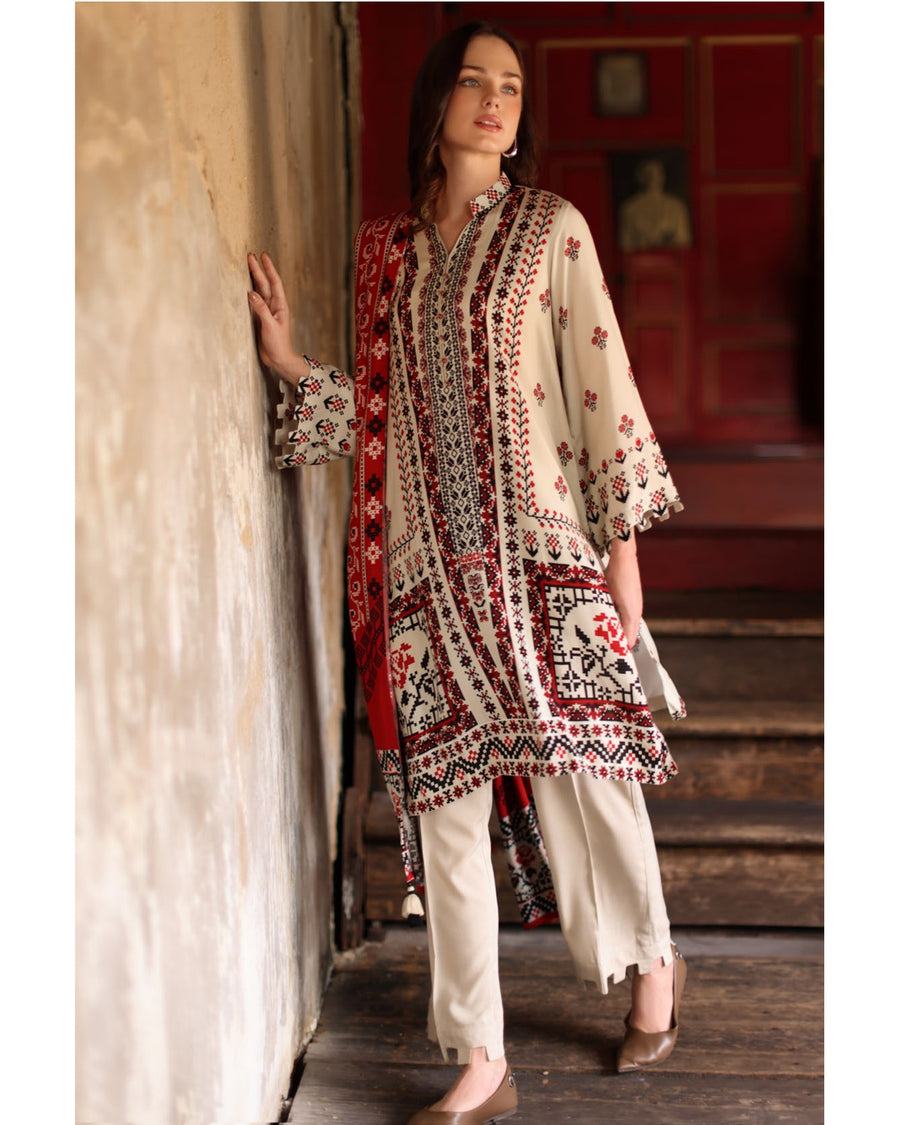 Gul Ahmed Printed Linen 3 Piece Unstitched Suit with Matching Dupatta