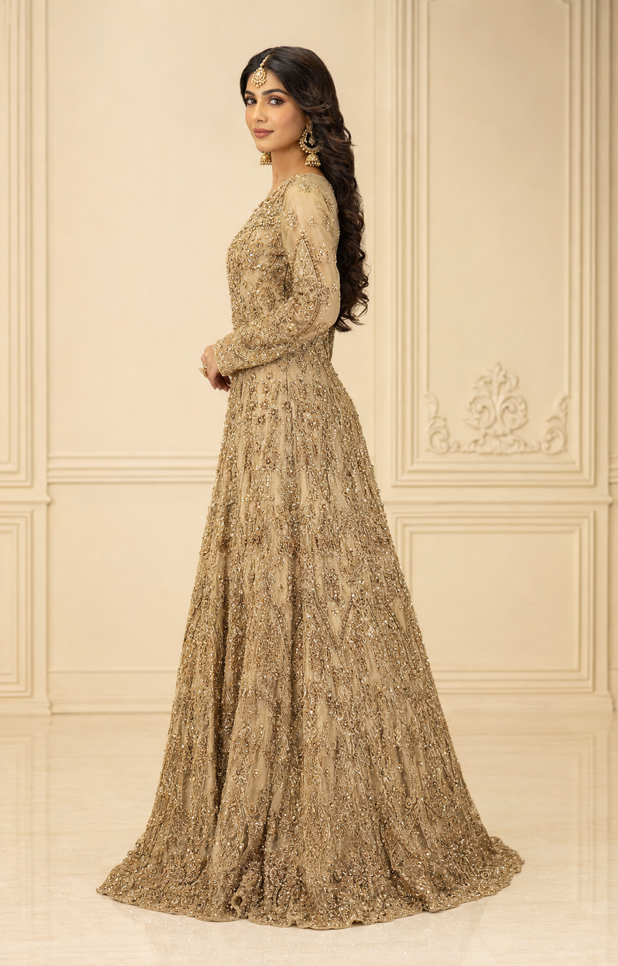 Champagne Gold Handmade Cora Dabka Maxi Dress for Wedding – Ready to Wear