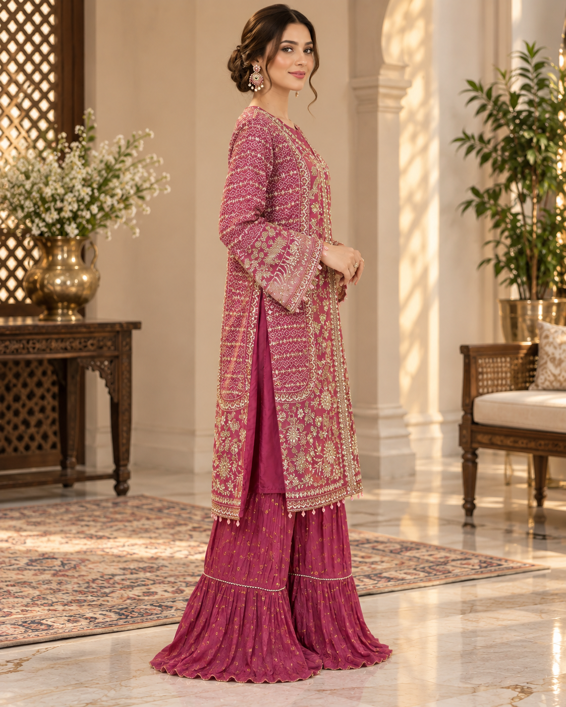 Allys Magenta Organza Open Shirt with Flared Gharara