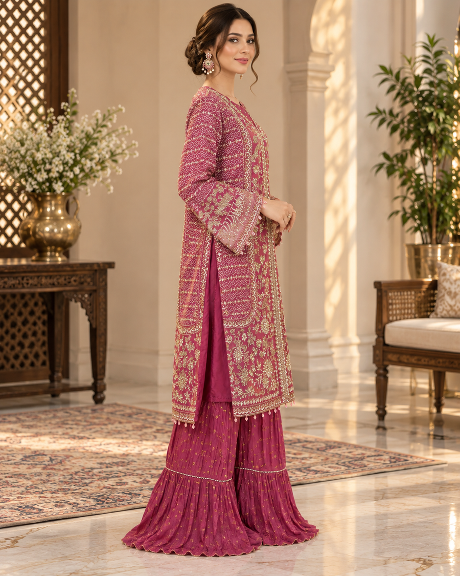 Allys Magenta Organza Open Shirt with Flared Gharara