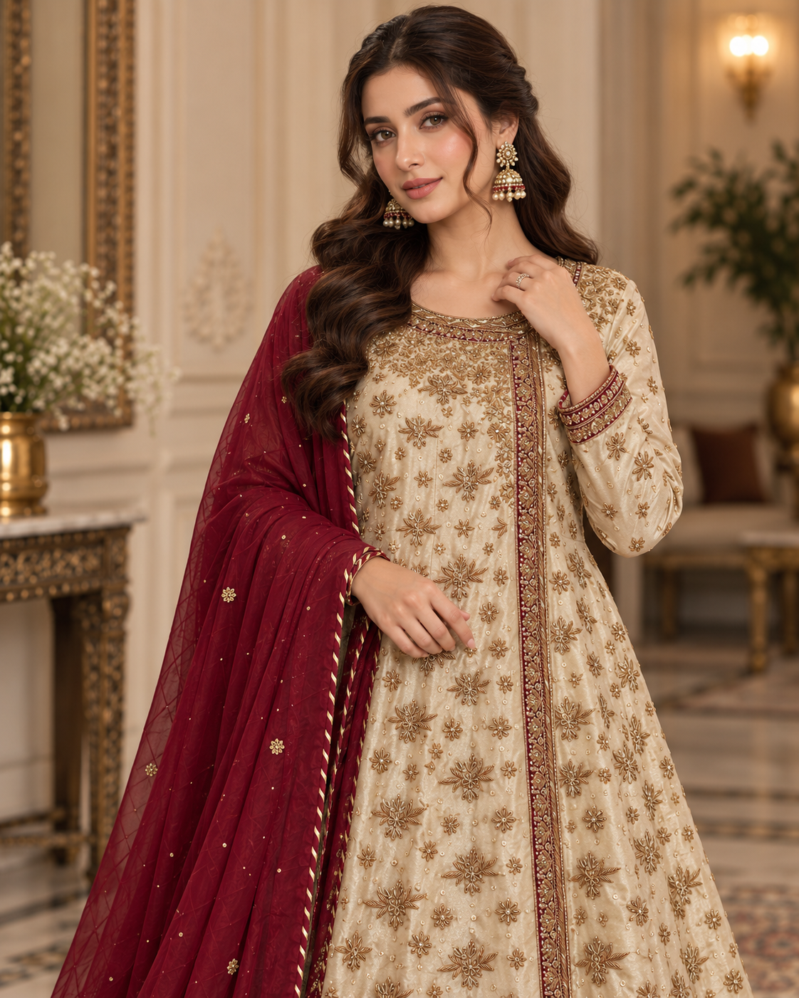 Ivory Gold Handworked Long Frock with Maroon Dupatta – Ready to Wear