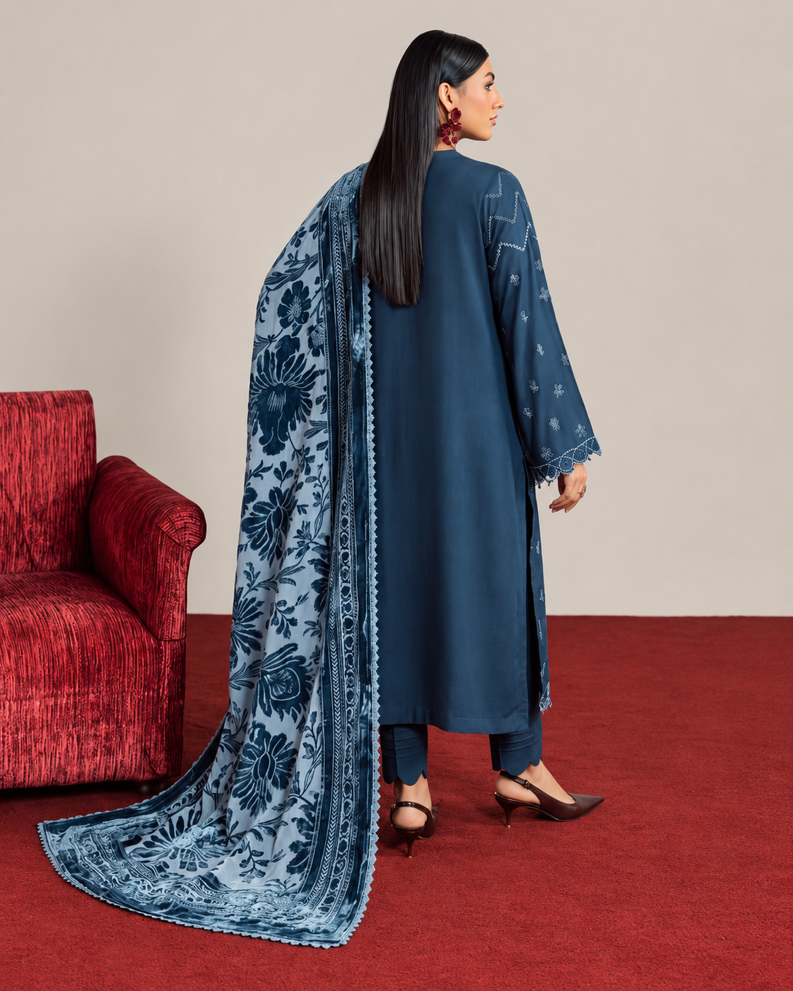 Riaz Arts Exclusive by Daria Embroidered Leather Peach Suit with Velvet Palachi Shawl
